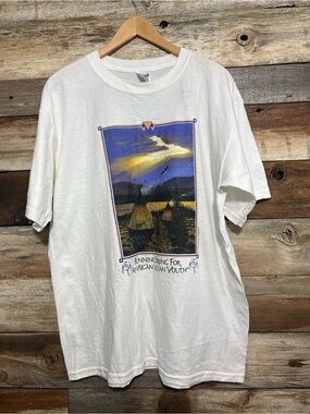 Vtg Gildan white t-shirt featuring artwork titled running strong for AIY